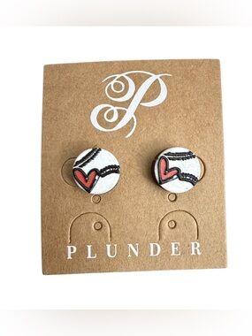 Plunder Baseball Stud Earrings With Accent Red Heart NWT